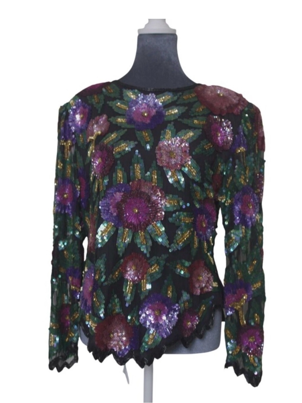 Laurence Kazar Black Sequin Floral Long-Sleeve Top with Purple Accents